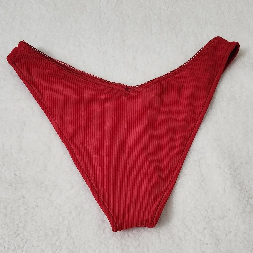 New!Frankie's Bikinis‎ Enzo Ribbed Cheeky Bikini Bottom Crimson